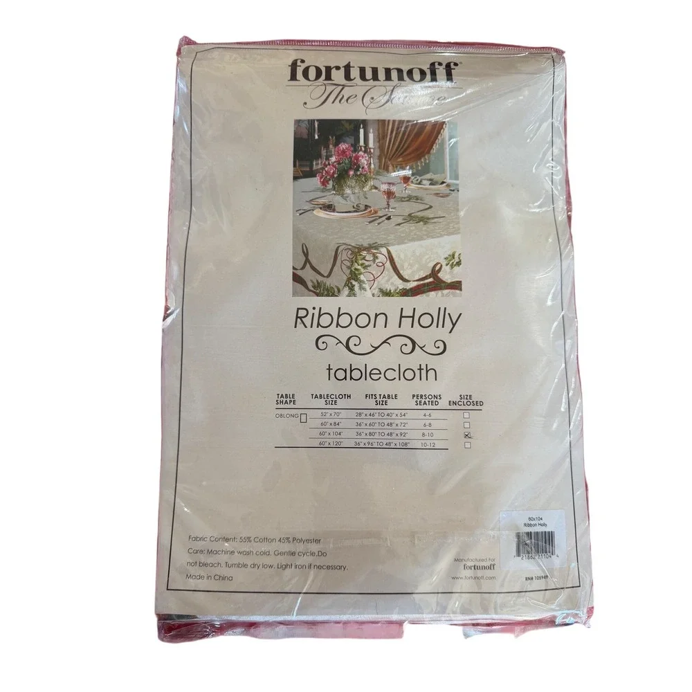 Fortunoff Ribbon Holly Tablecloth 60x104‎ Oblong Christmas Holiday Damask Ivory
